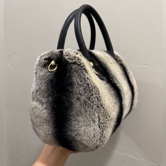 2 Tone Gradient Real Rex Rabbit Fur Boston Bag/Crossbody & 2 Fur Balls Charm - Picture 12 of 16